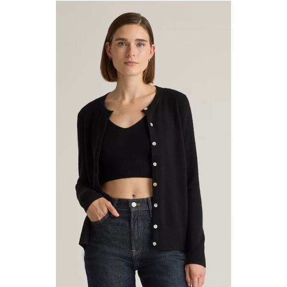 Quince Wm’s Mongolian Cashmere Cardigan Black Mother of Pearl Shell Buttons - Picture 5 of 7